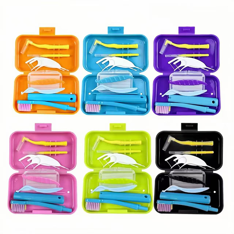 Teeth Whitening Brush - ชุดอุปกรณ์ทำความสะอาดฟัน ดูแลช่องปากสำหรับผู้จัดฟัน แปรงพับได้ แปรงทำความสะอาดซอกฟัน ขี้ผึ้งจัดฟัน กระเป๋าพกพาสำหรับเดินทาง