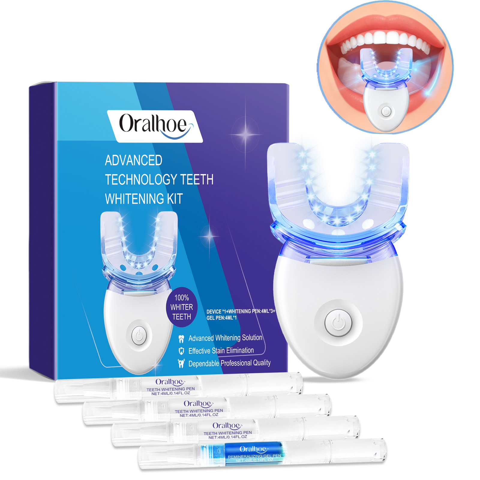 Teeth Whitening Clinic - ชุดอุปกรณ์ฟอกสีฟันแบบมืออาชีพด้วยแสง LED พร้อมเจลฟอกสีฟัน 4 เท่า ระบบเร่งการฟอกสีฟันด้วยแสงสีฟ้า